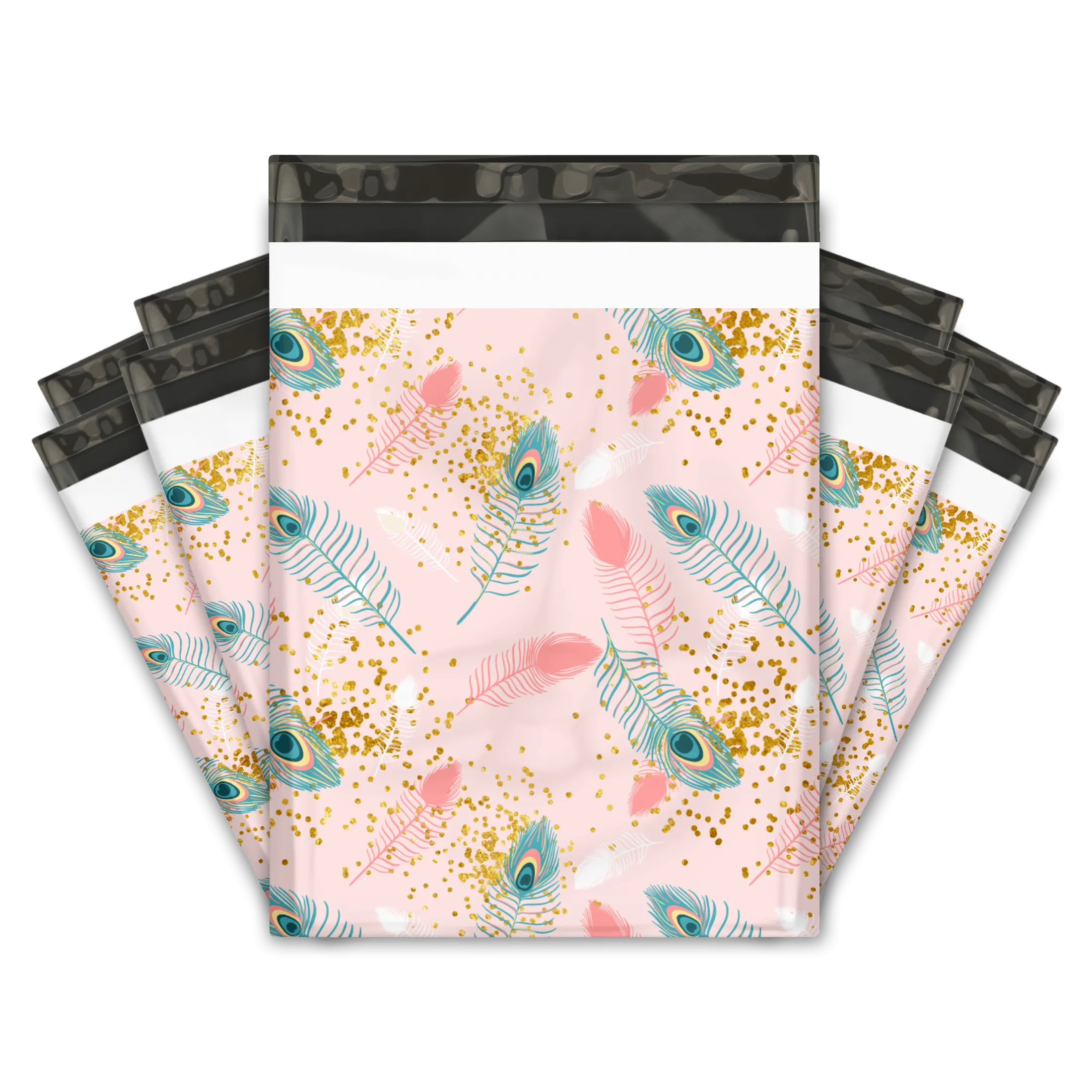 10x13 Pink Peacock Feathers Designer Poly Mailers Shipping Envelopes Premium Printed Bags