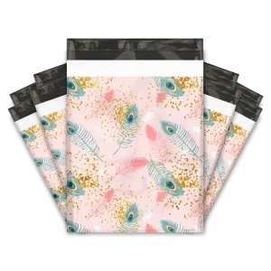 10x13 Pink Peacock Feathers Designer Poly Mailers Shipping Envelopes Premium Printed Bags