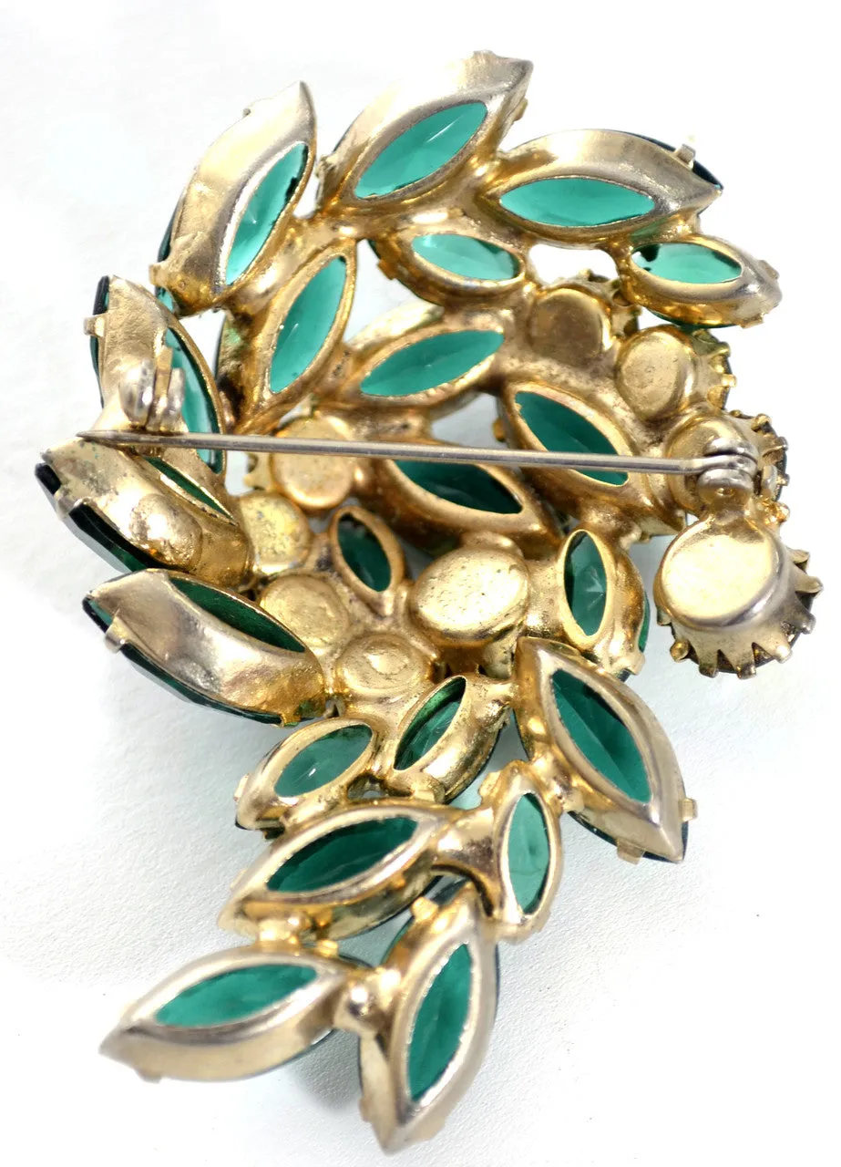 1950s Spectacular Open Back Green and Aurora Borealis Rhinestone Vintage Brooch