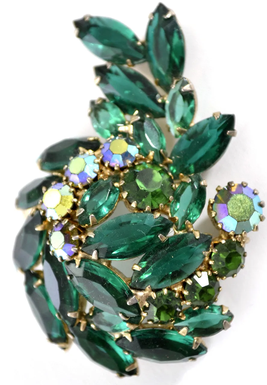 1950s Spectacular Open Back Green and Aurora Borealis Rhinestone Vintage Brooch