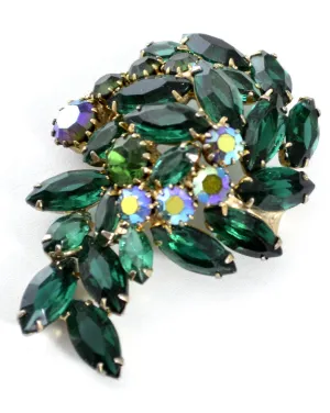 1950s Spectacular Open Back Green and Aurora Borealis Rhinestone Vintage Brooch