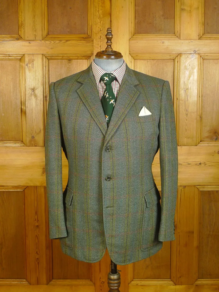 24/0479 exceptional vintage old bond st london bespoke green wp check tweed norfolk jacket w/ back strap 42 regular