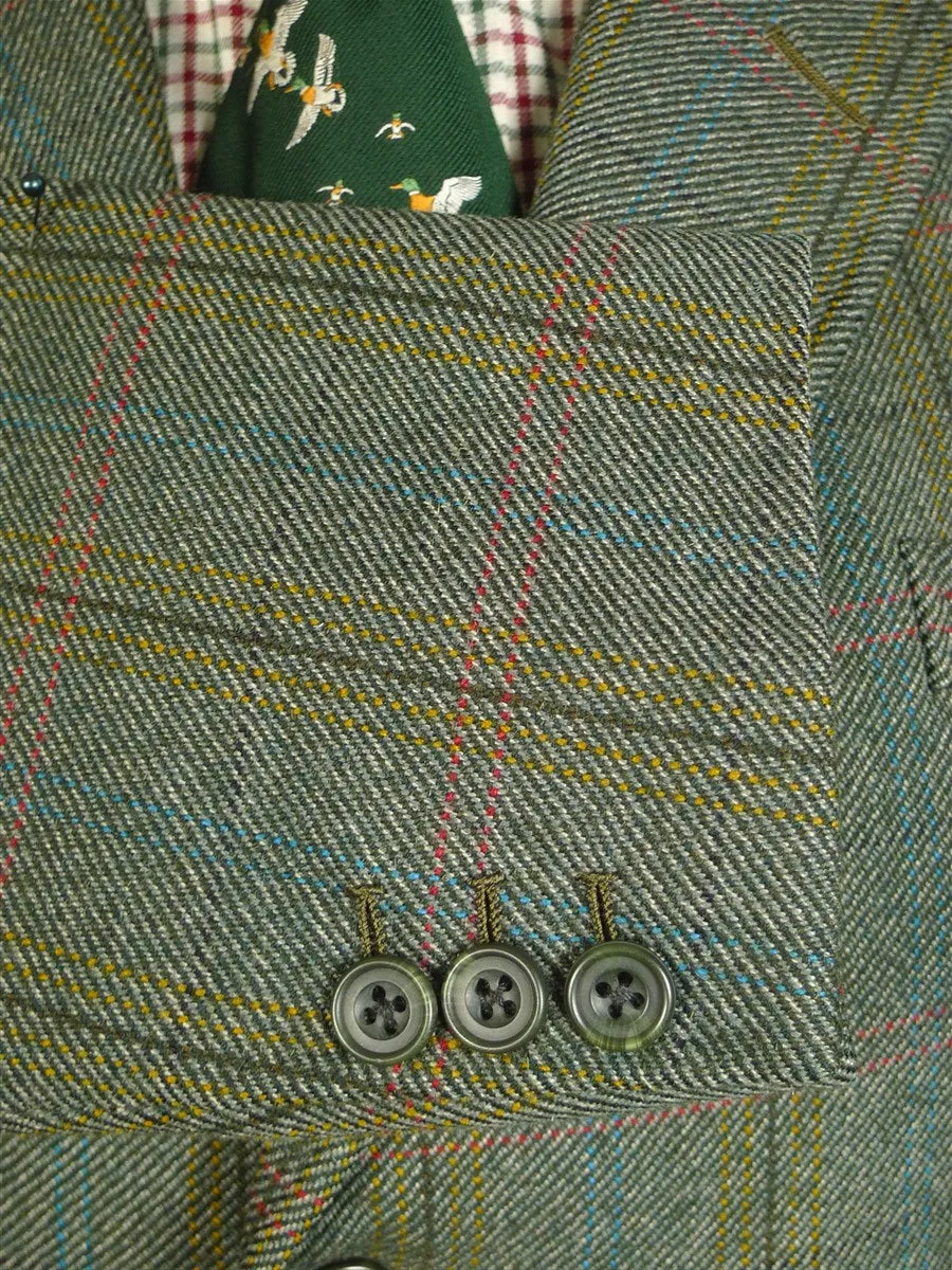 24/0479 exceptional vintage old bond st london bespoke green wp check tweed norfolk jacket w/ back strap 42 regular