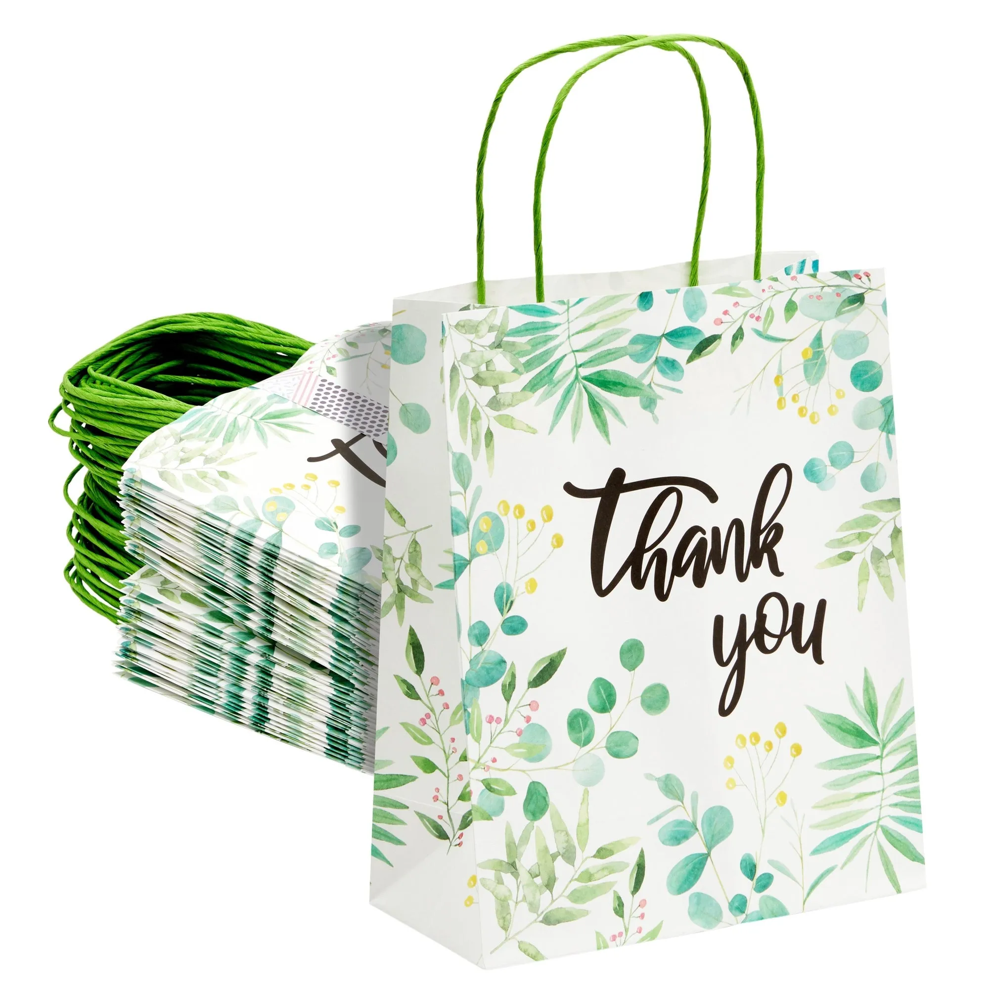 50 Pack Floral Paper Gift Bags with Handles, White Thank You Bag for Small Business Boutique, Baby Shower Party Favors, 10x8x4 in