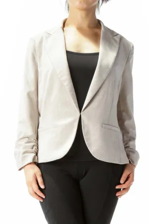 Beige Textured Scrunch Sleeve Accent Hook Closure Blazer