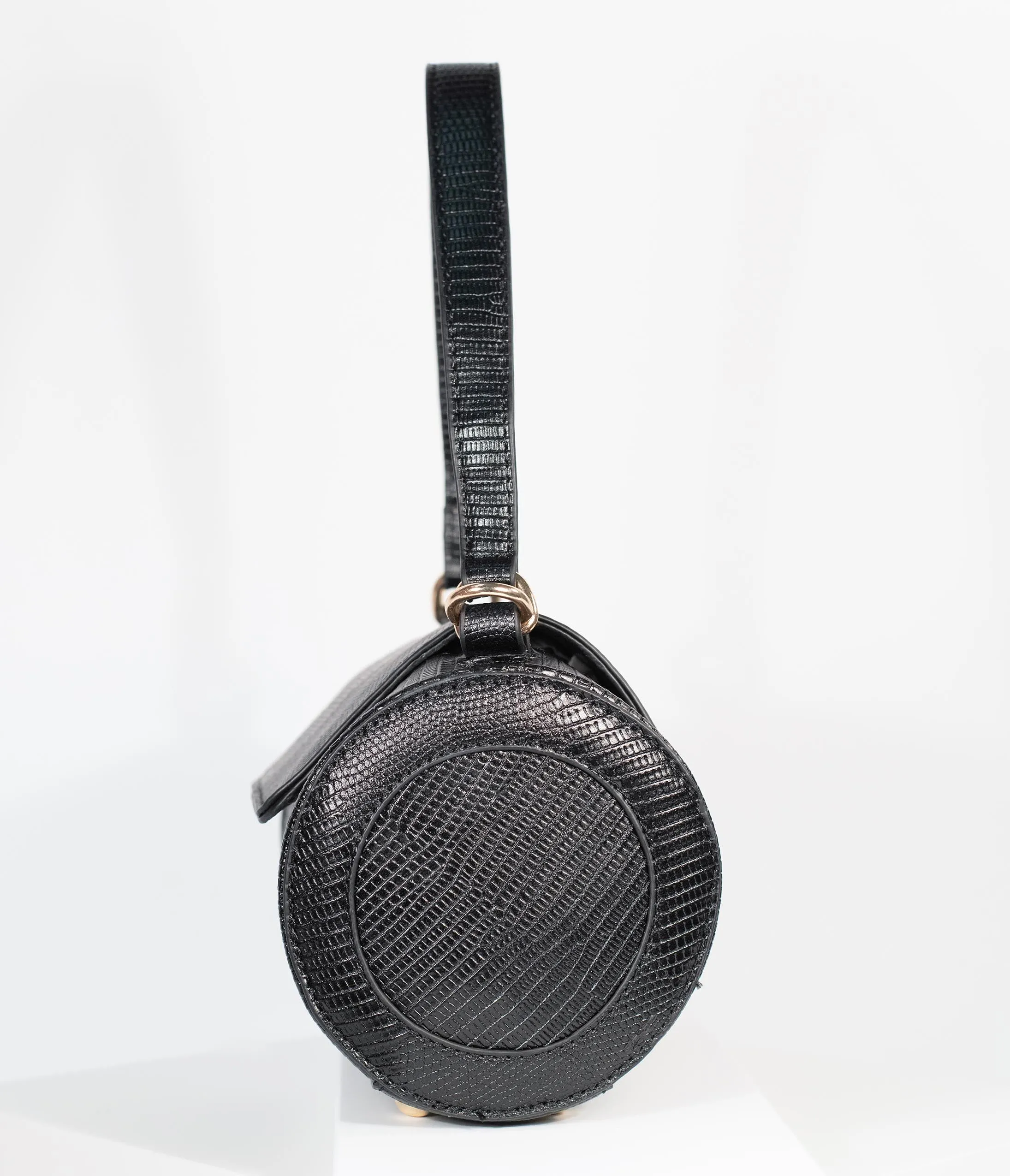 Black Embossed Leatherette Barrel Bag