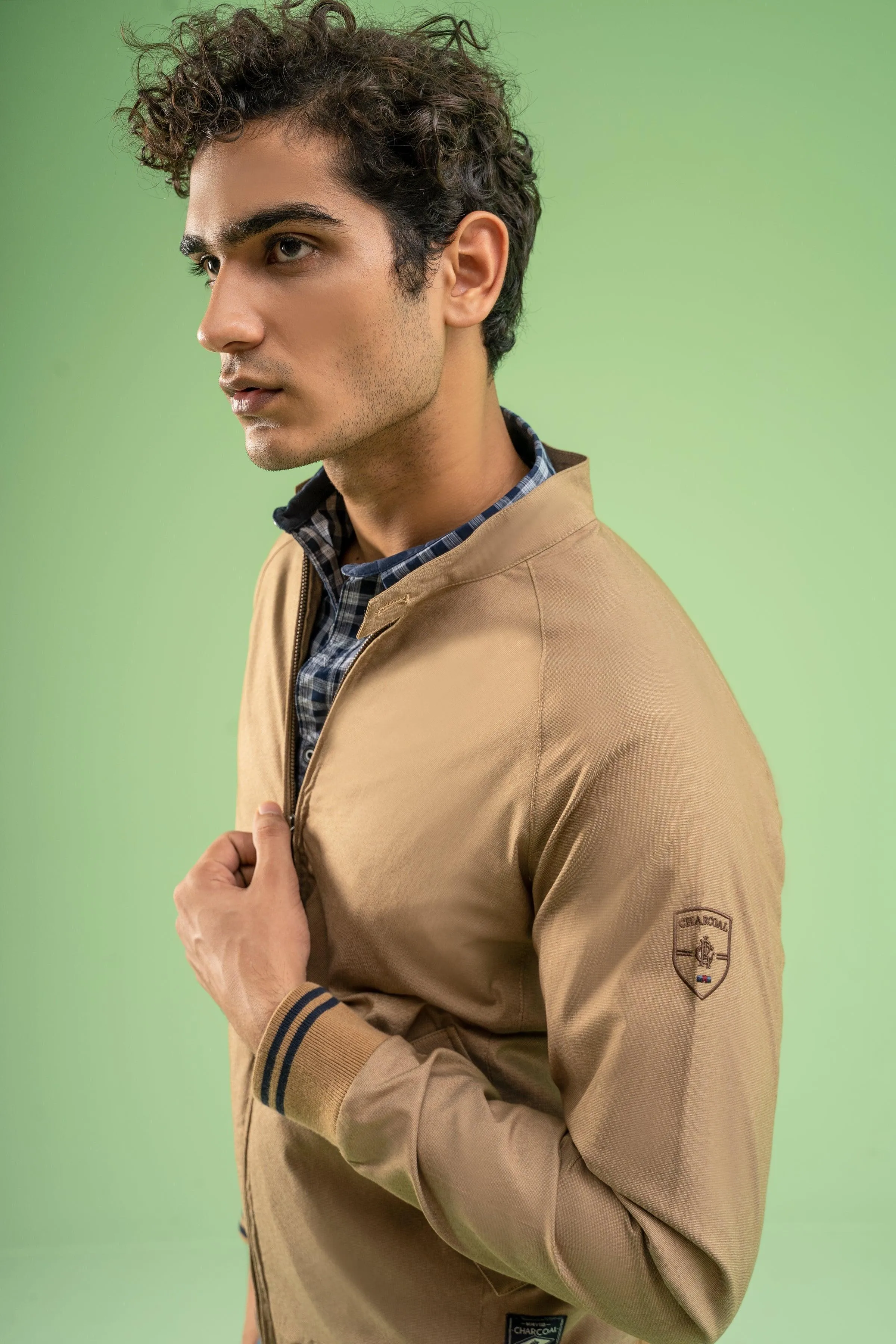 FULL SLEEVE TIPPING TEXTURED JACKET KHAKI