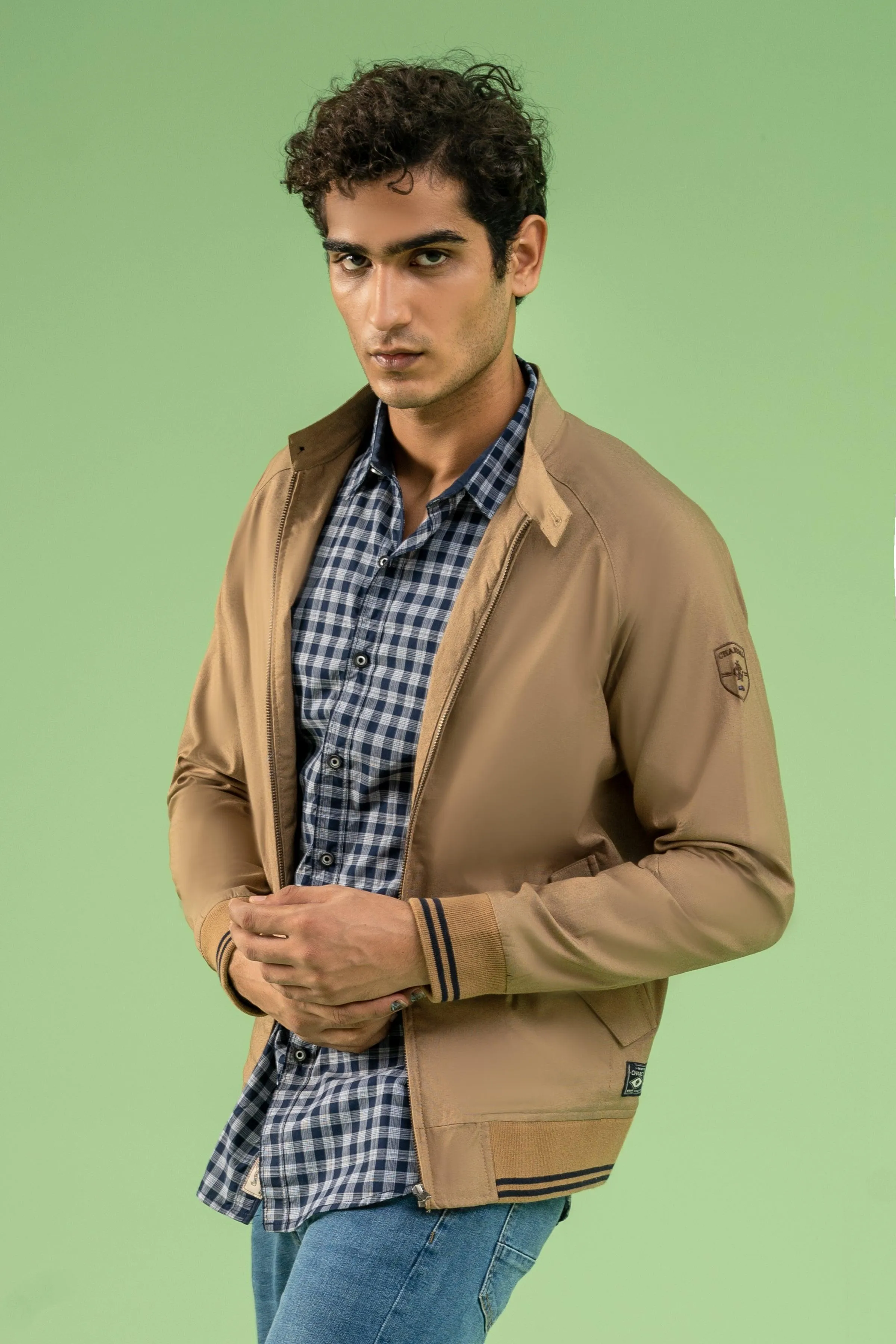 FULL SLEEVE TIPPING TEXTURED JACKET KHAKI