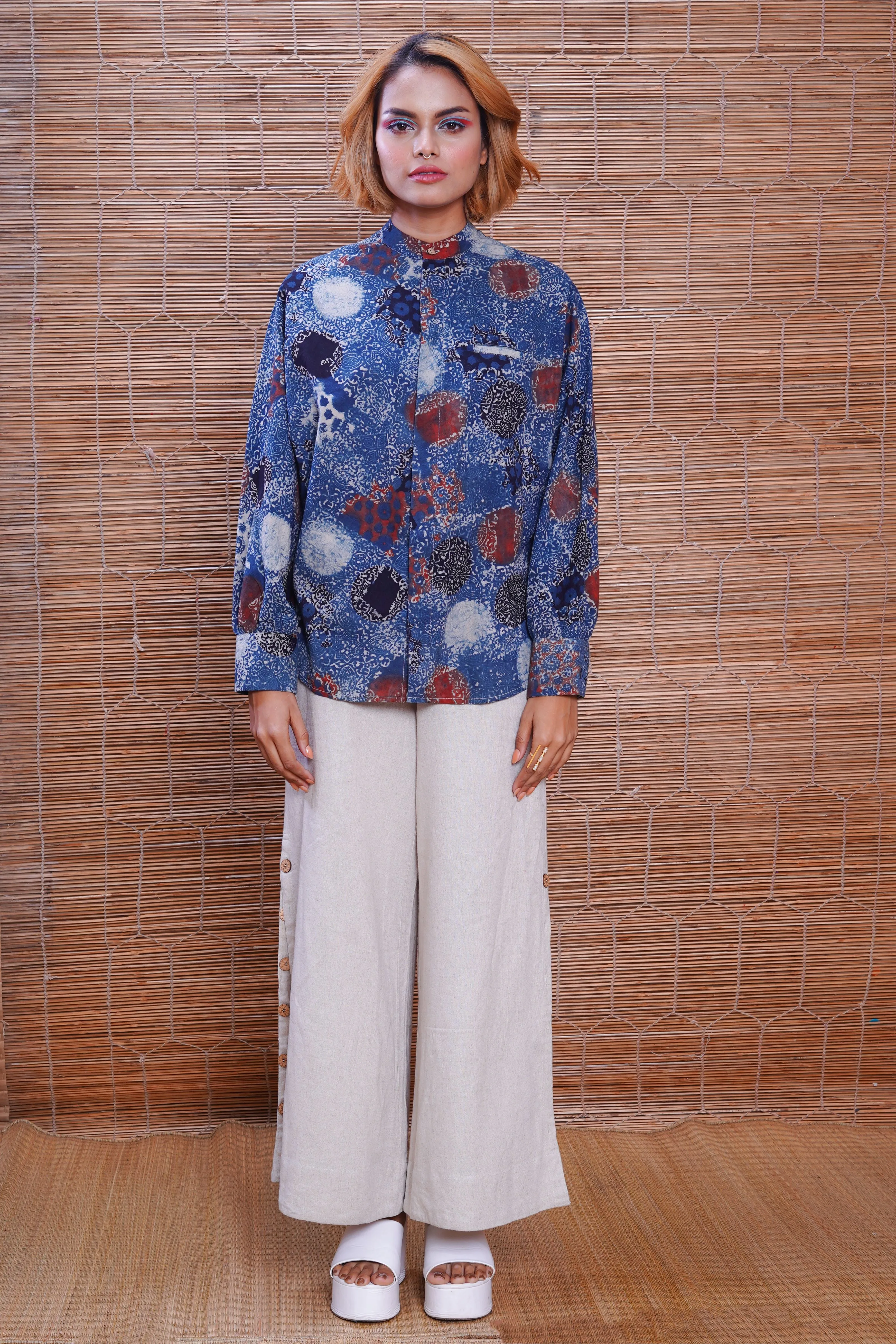 Hand block printed Ajrakh indigo kimono shirt for women