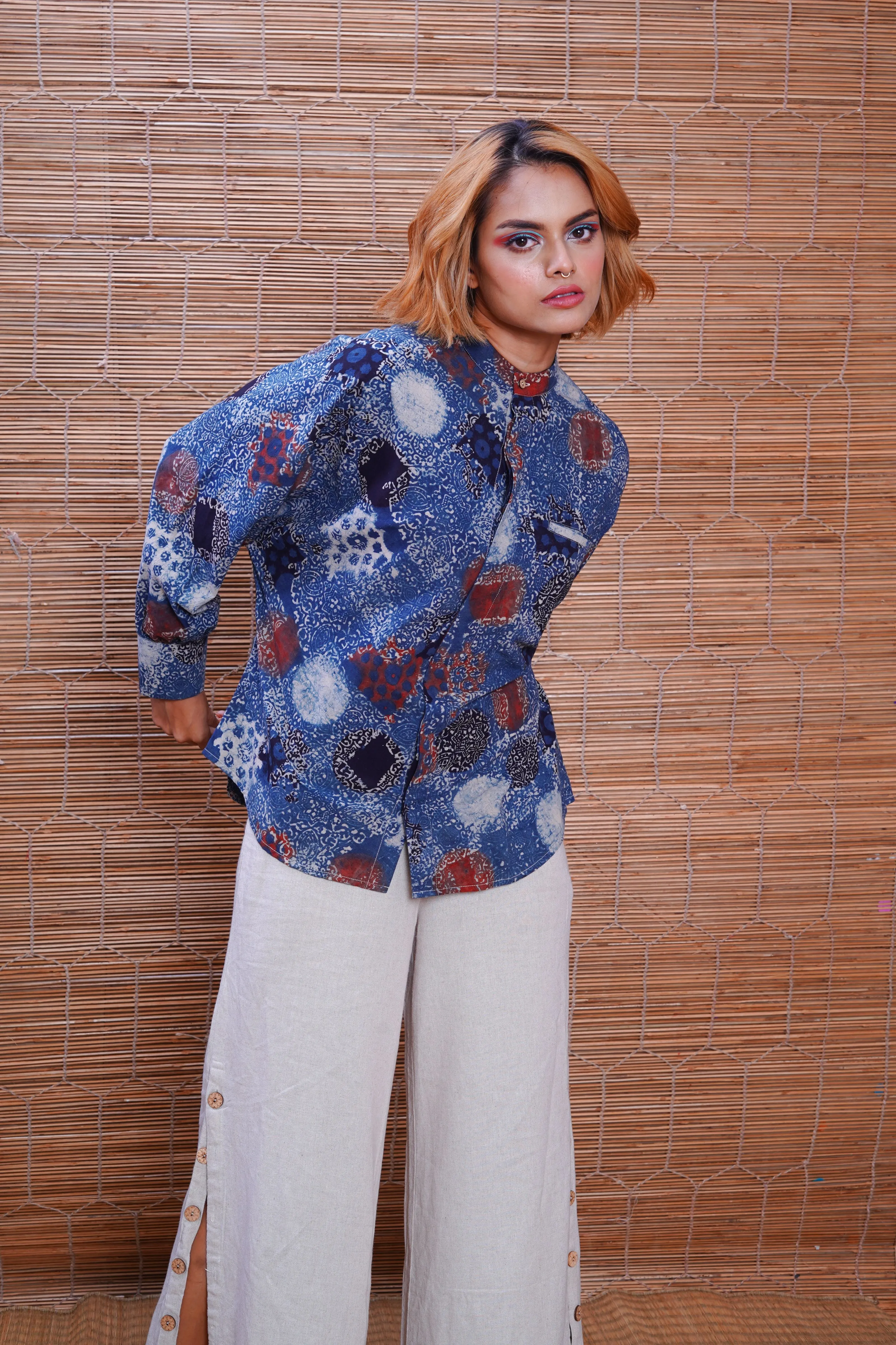 Hand block printed Ajrakh indigo kimono shirt for women