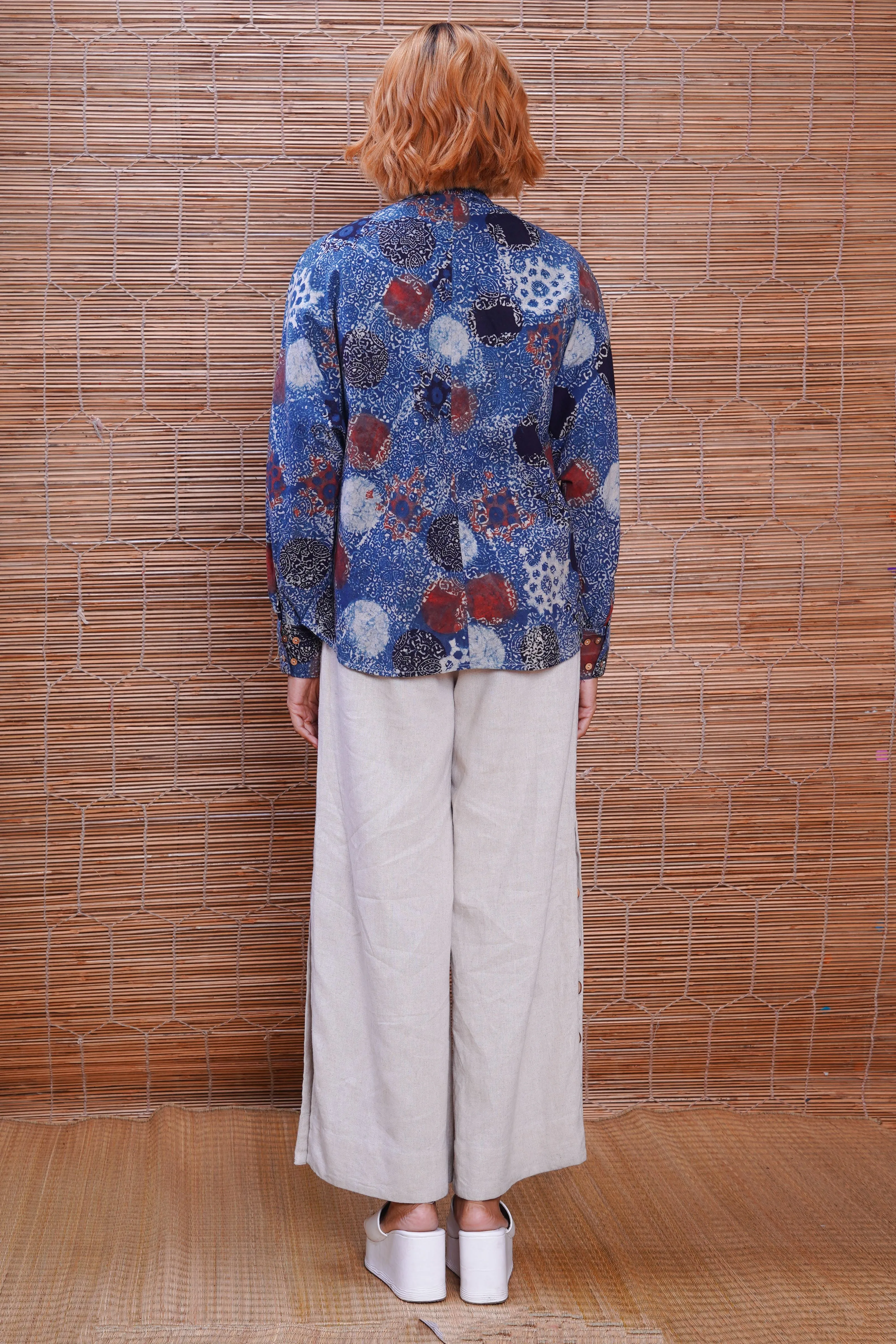 Hand block printed Ajrakh indigo kimono shirt for women