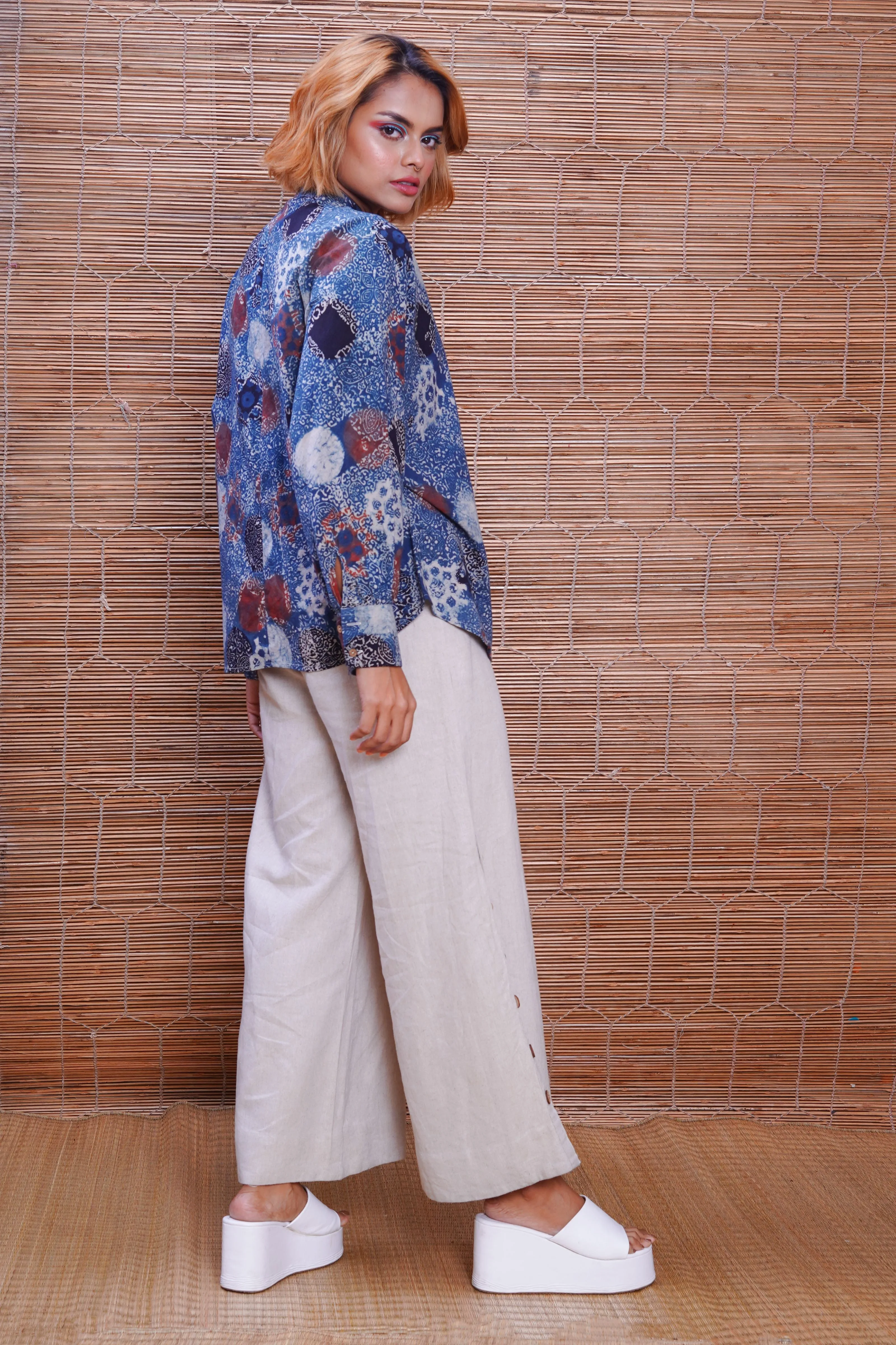 Hand block printed Ajrakh indigo kimono shirt for women