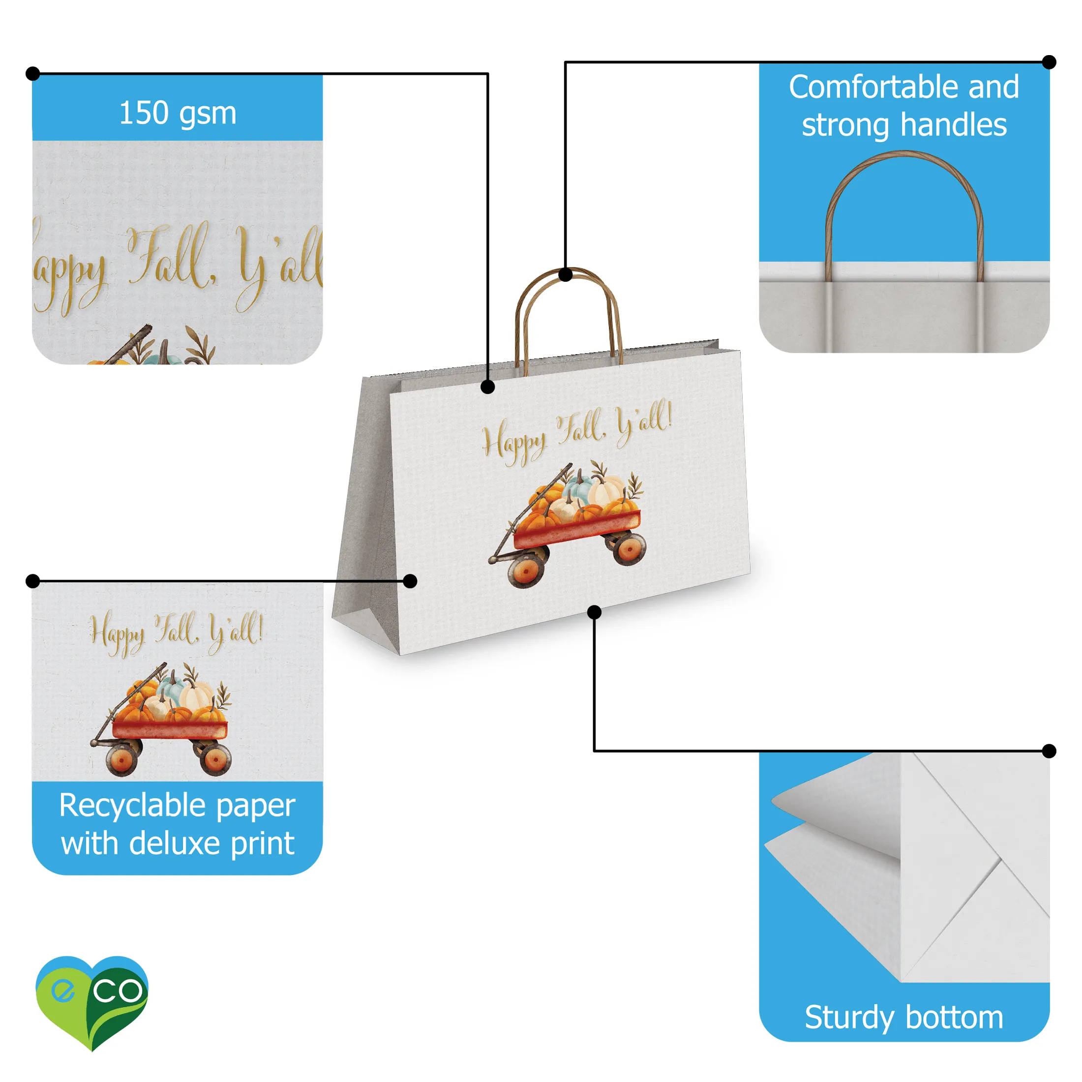 Hello Fall Large Birthday Gift Bags Vogue Kraft Shopping Bags with Handles (11.5x16x6 inches)