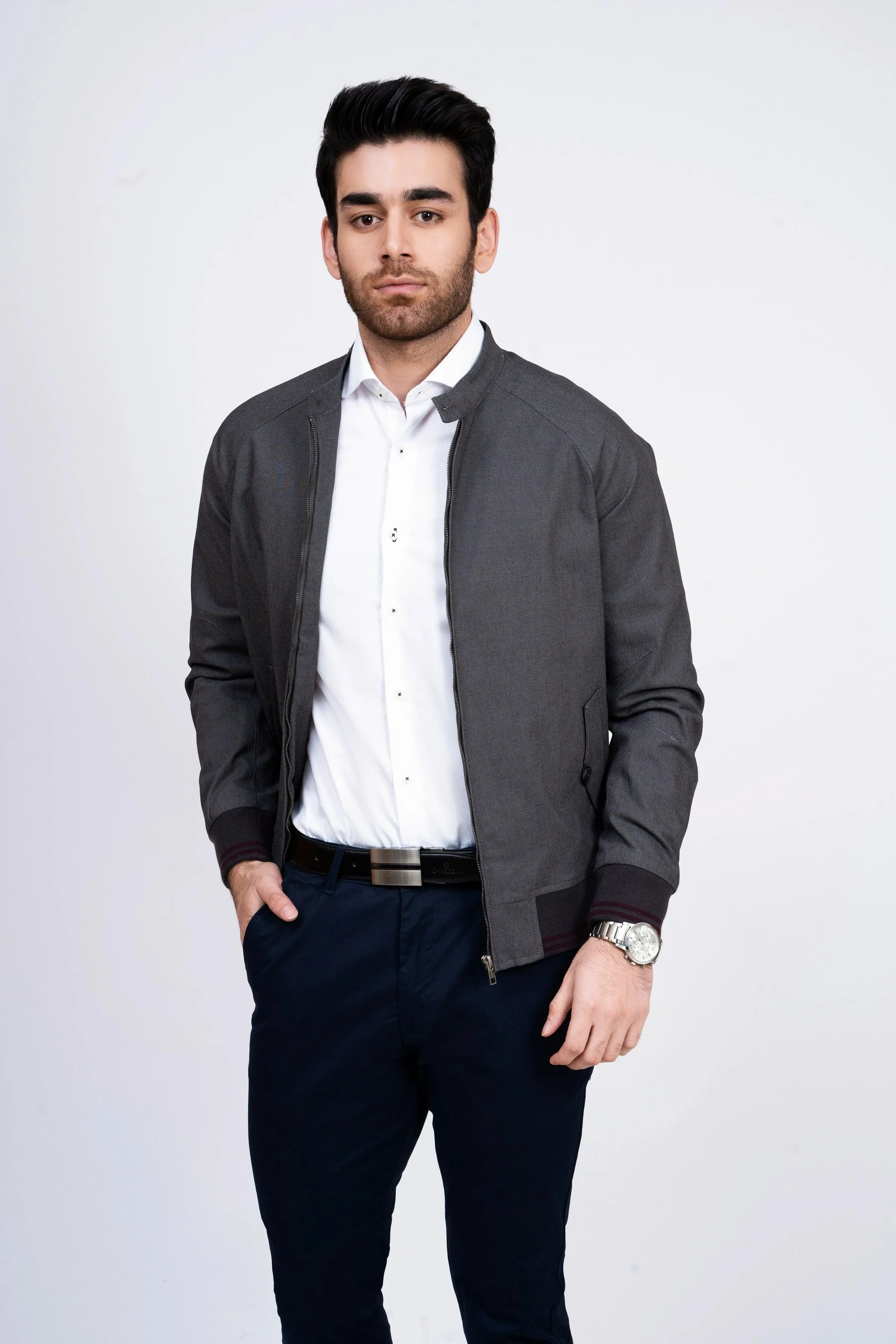 JACKET TIPPING BAN COLLAR DARK GREY