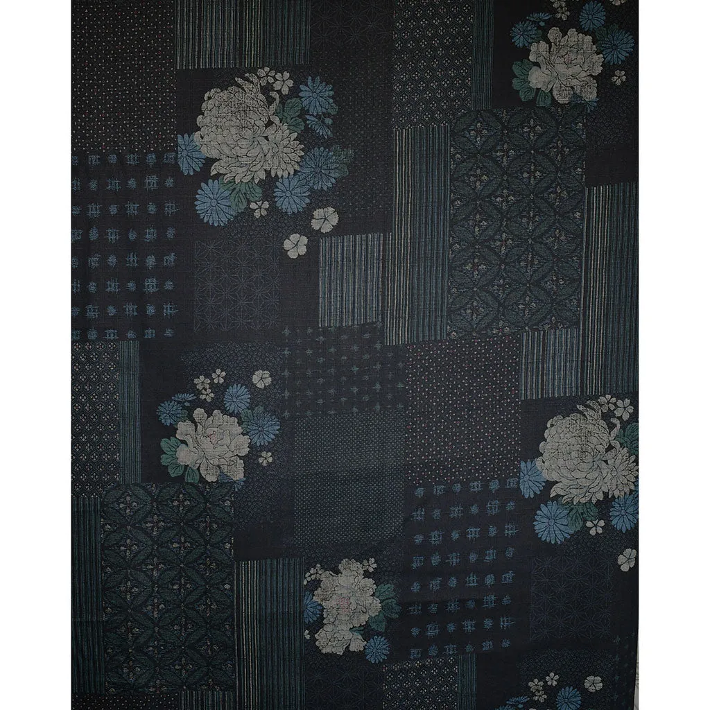 Japanese Patchwork Floral Dobby Textured Cotton Navy