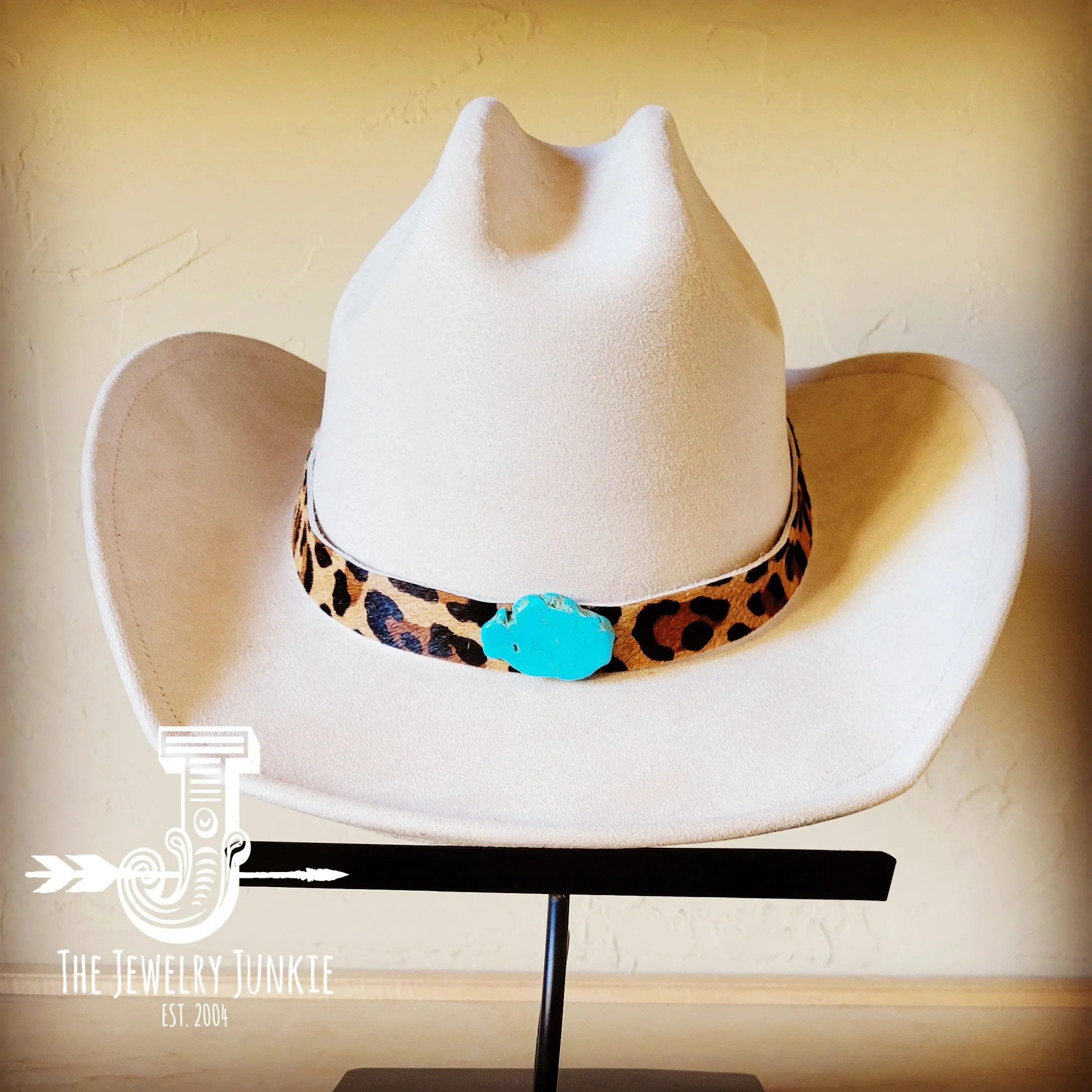 **Leopard Hair on Hide Leather Hat Band Only w/ Turquoise Slab 950w