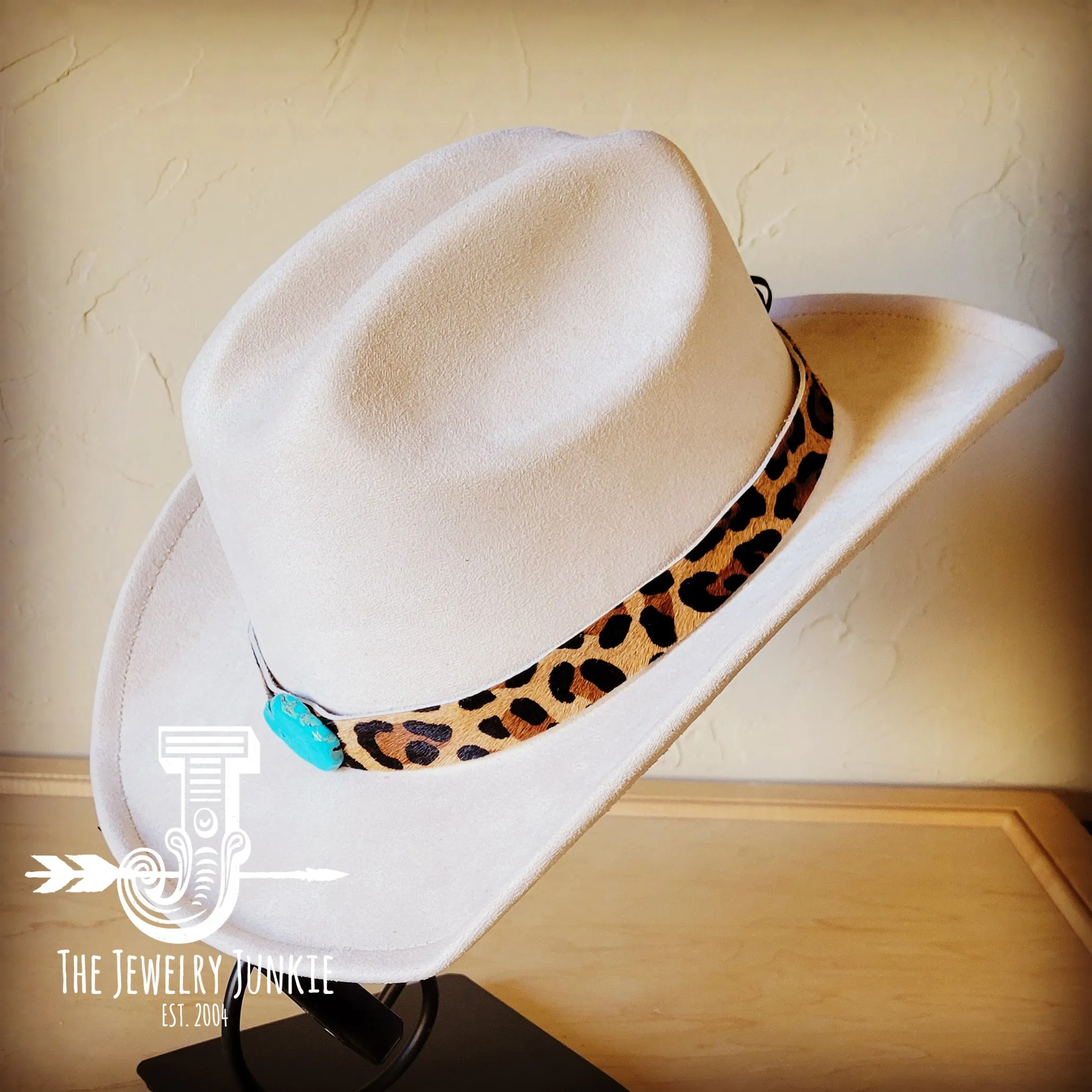 **Leopard Hair on Hide Leather Hat Band Only w/ Turquoise Slab 950w