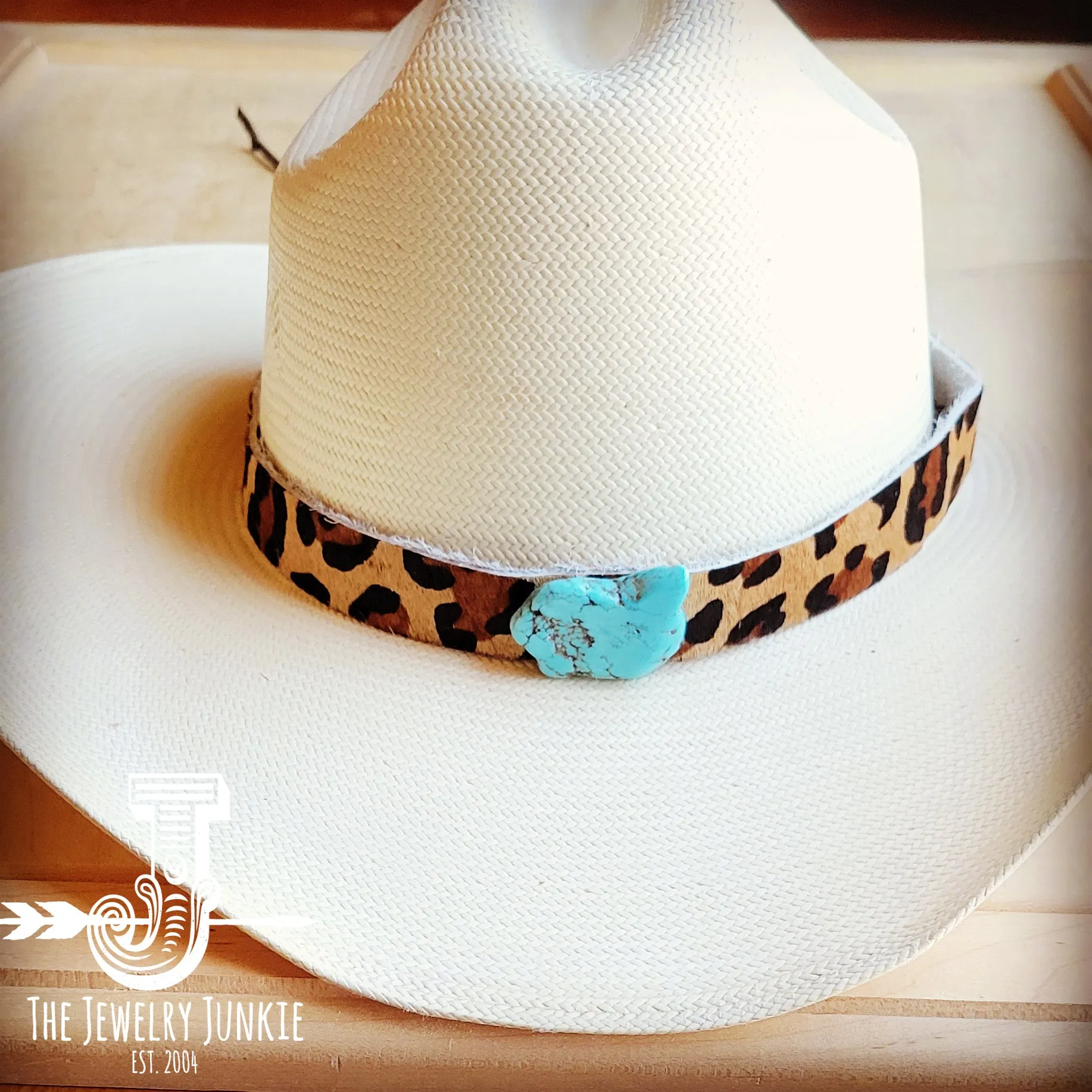 **Leopard Hair on Hide Leather Hat Band Only w/ Turquoise Slab 950w