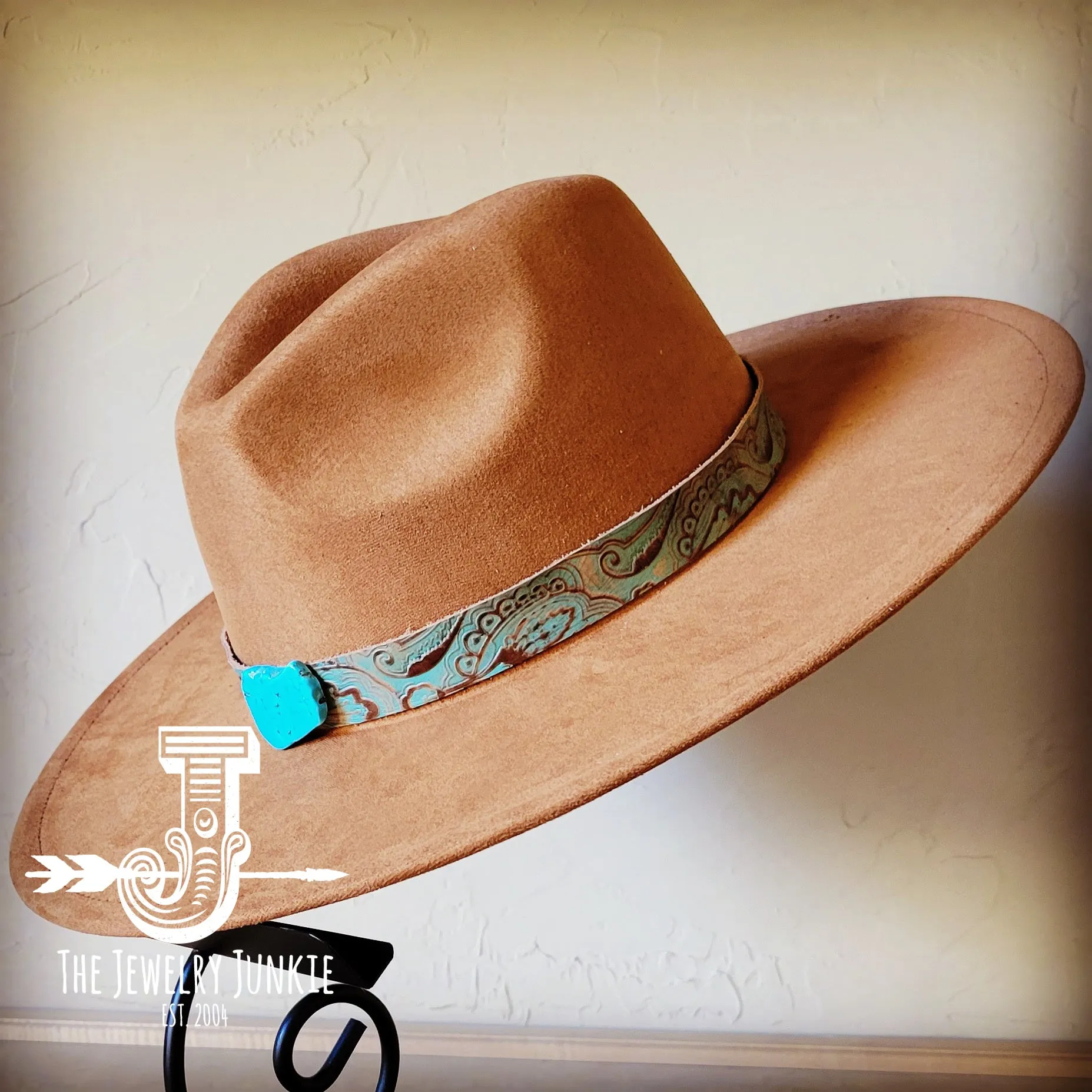 **Napolis Turquoise and Brown Embossed Leather Hat Band Only w/ Turquoise Slab 951t