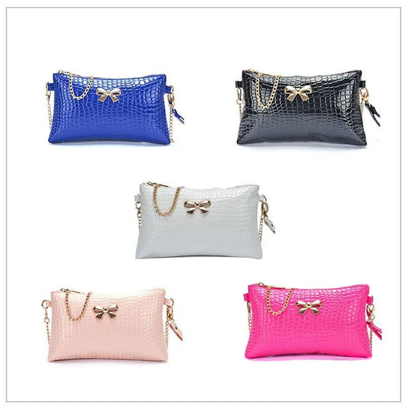 New Women's Chain PU Small Shoulder Bag Crocodile Bow Decoration Clutch Pouch Bags HB88