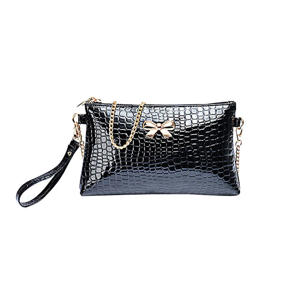 New Women's Chain PU Small Shoulder Bag Crocodile Bow Decoration Clutch Pouch Bags HB88