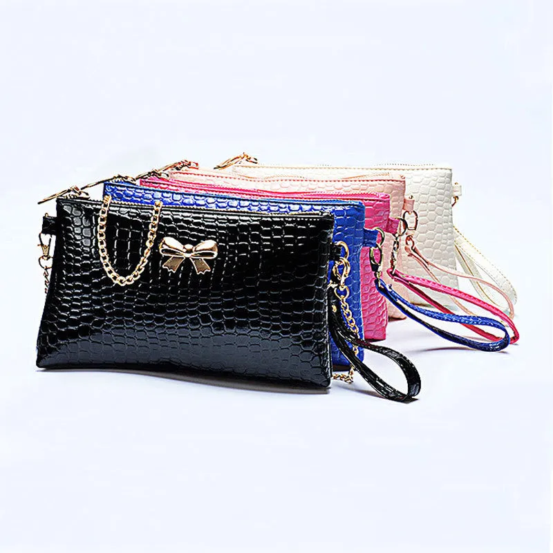 New Women's Chain PU Small Shoulder Bag Crocodile Bow Decoration Clutch Pouch Bags HB88