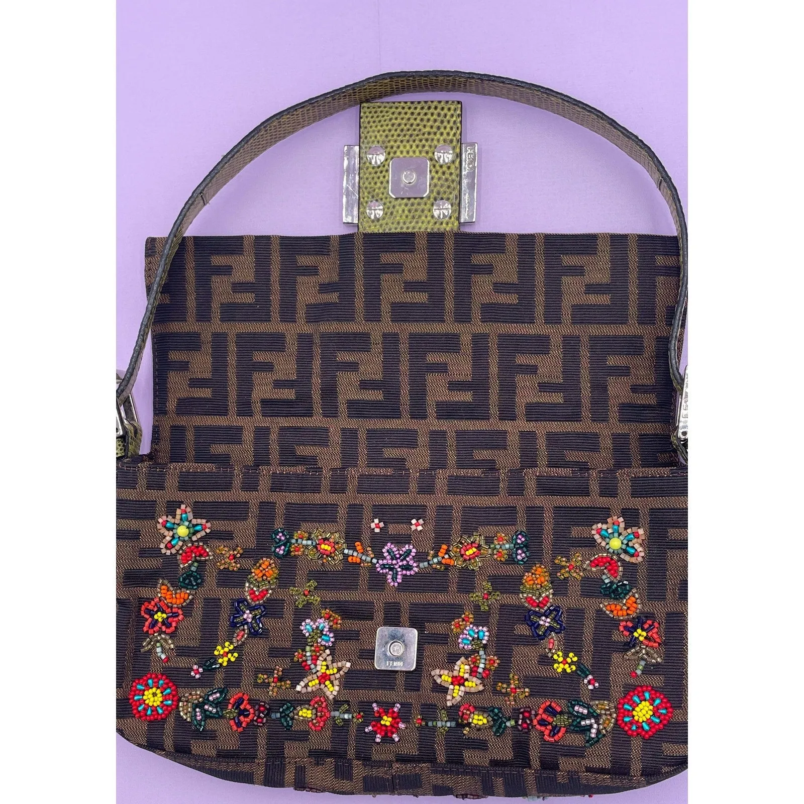 Rare Fendi Baguette Beaded Zucca Canvas and Lizard