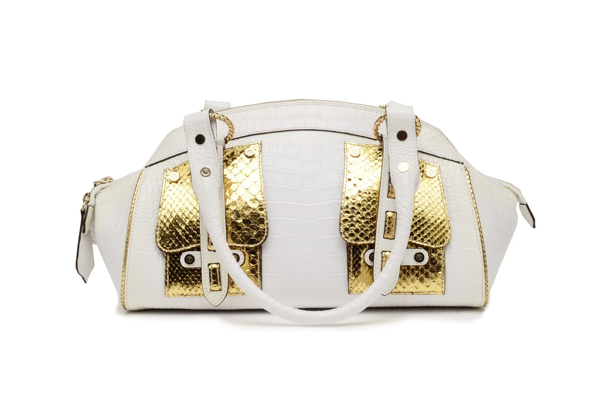 Roberto Cavalli  - White and Gold Leather Bag with Handles