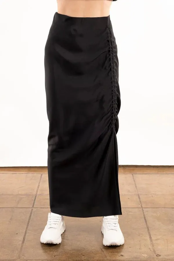 Yasmine Silk Bias Skirt with Drawstrings - Black